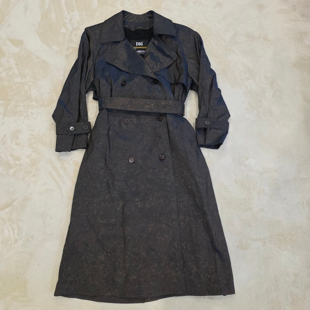 VTG 80s London Fog Jacquard Floral Trench Coat Women 4 PET Petite Brown Belt USA